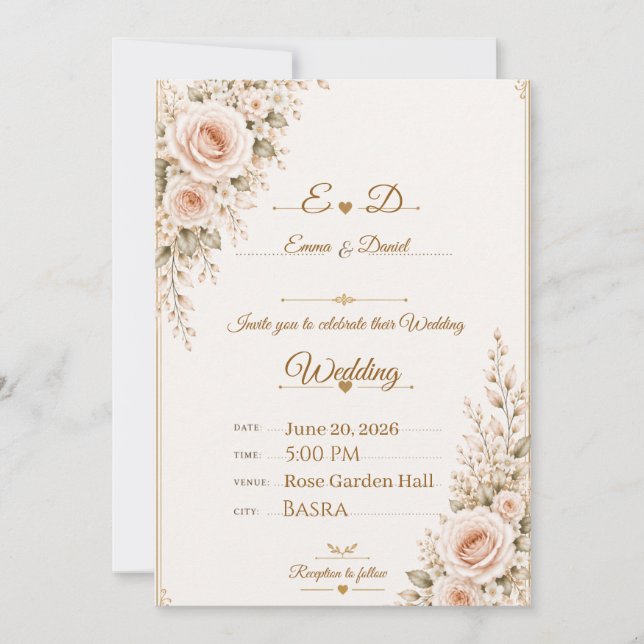Convite de Casamento Floral Rosa Bege Elegante (Frente)