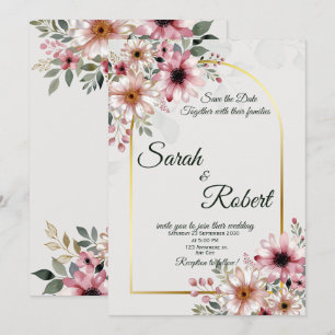 Convite de Casamento Floral Rosa Bege Elegante