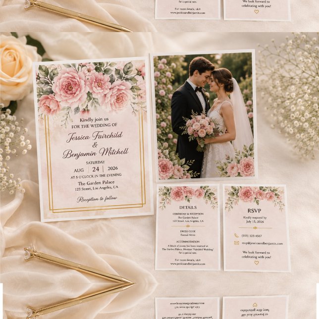 Convite de Casamento Floral Rosa Bege Elegante com (Criador carregado)