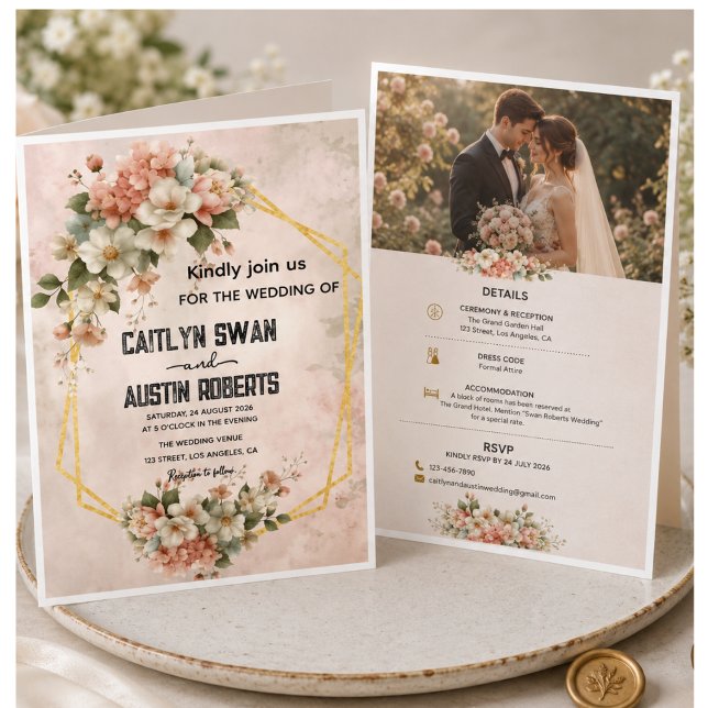 Convite de Casamento Floral Rosa Bege Geométrico D (Criador carregado)