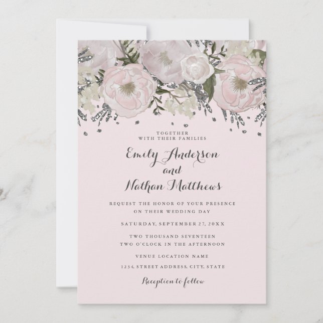 Convite de Casamento Floral Rosa Bege Prata Bonito (Frente)
