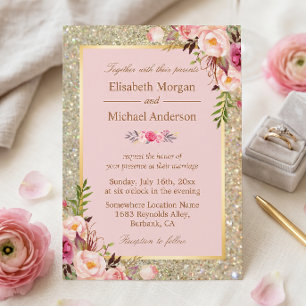 Convite de Casamento Floral Rosa Beijo Dourado Bri