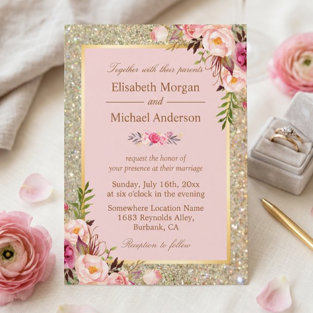Convite de Casamento Floral Rosa Beijo Dourado Bri (Criador carregado)