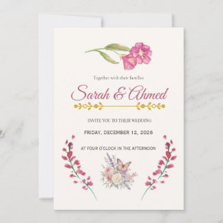 Convite de Casamento Floral Rosa Boho - Aquarela B