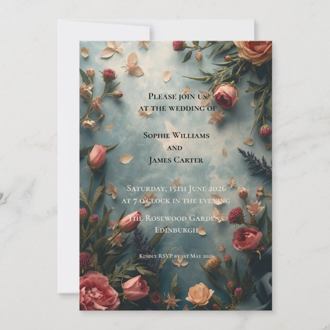 Convite de Casamento Floral Rosa Boho Jardim | Azu (Frente)
