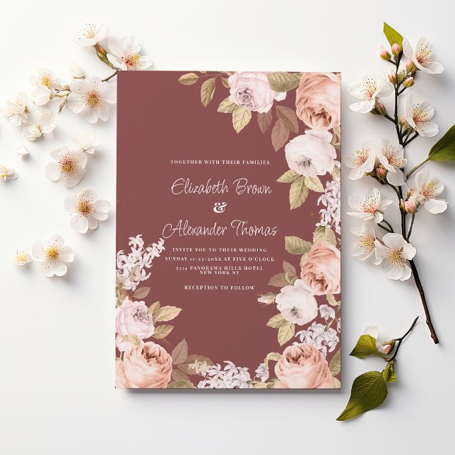 Convite de casamento floral rosa burgundy boho rús (Rustic boho pink burgundy green floral wedding )
