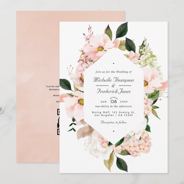 Convite de Casamento Floral Rosa Choque Código QR  (Frente/Verso)