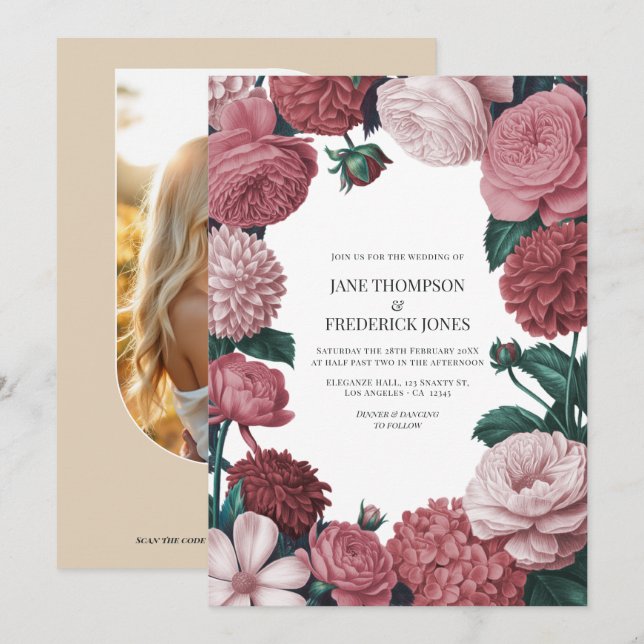 Convite de Casamento Floral Rosa-Claro, Terra Rosa (Frente/Verso)