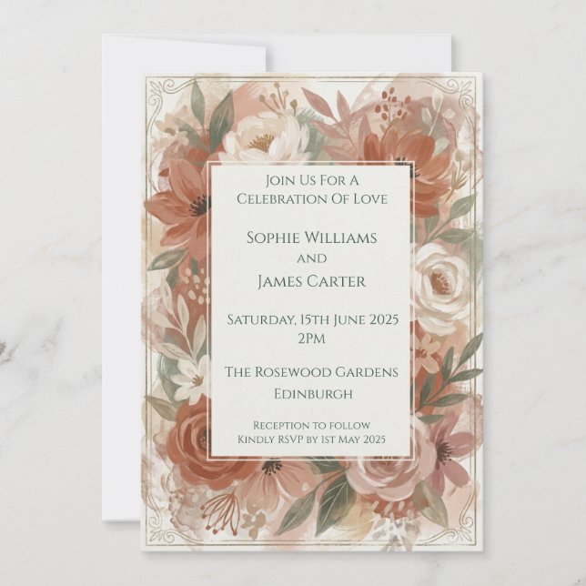 Convite de Casamento Floral Rosa Cobre (Frente)