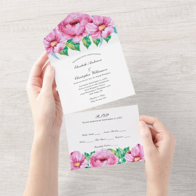 Convite de Casamento Floral Rosa com Folhagens Tud (Aba destacável)