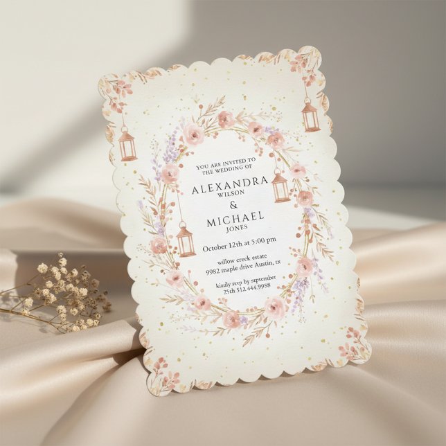 Convite de Casamento Floral Rosa com Lanternas (Elegant floral wedding invitation with soft blush tones)