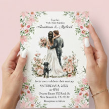 convite de casamento floral rosa com letra moderna