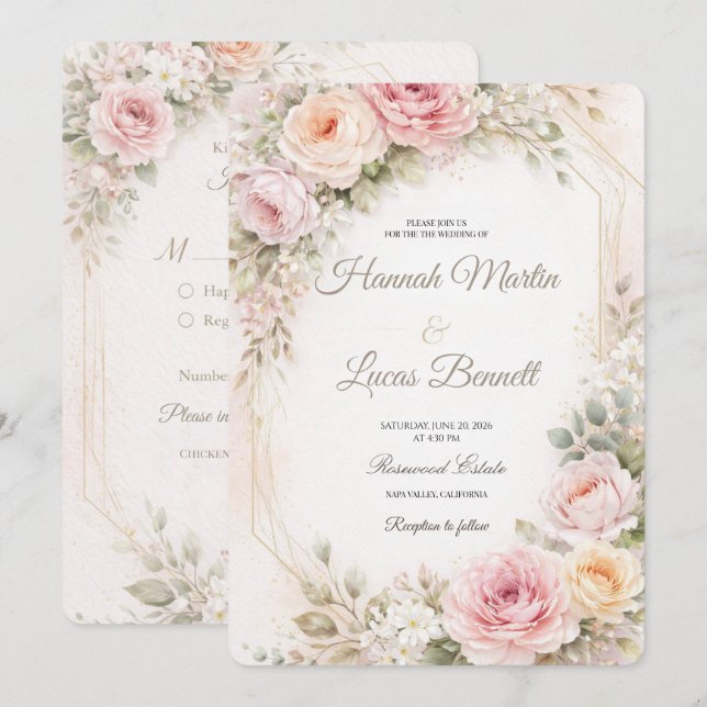 Convite de Casamento Floral Rosa com Toque Românti (Frente/Verso)
