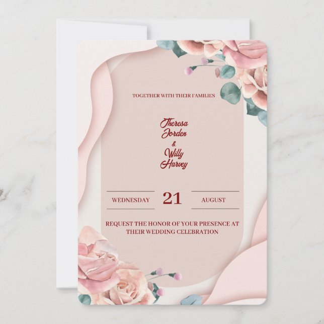 Convite de Casamento Floral Rosa Corado | Elegante (Frente)