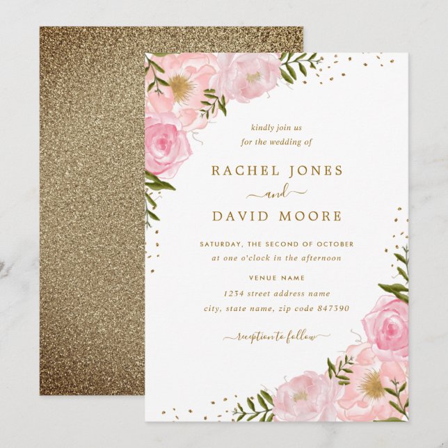 Convite de Casamento Floral Rosa Dourado Aquarela (Frente/Verso)