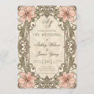 Convite de Casamento Floral Rosa Dourado Botânico