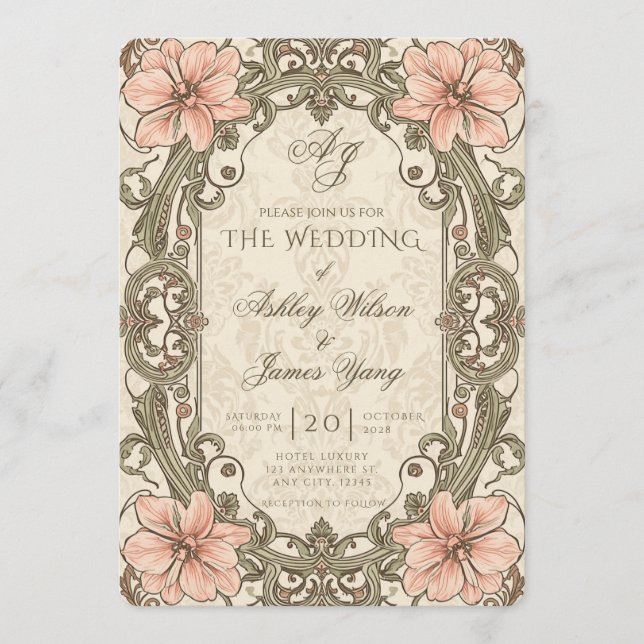 Convite de Casamento Floral Rosa Dourado Botânico (Frente)
