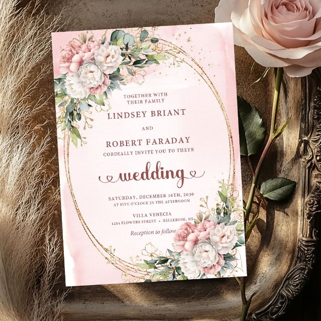Convite de Casamento Floral Rosa Dourado Luxuoso (Luxury Rose Gold Blush Floral Wedding Invitation)