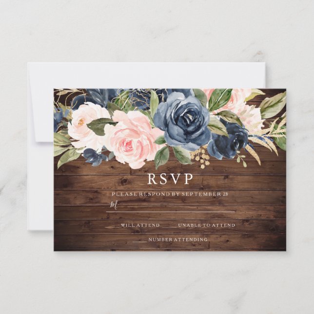 Convite de Casamento Floral Rosa e Azul com RSVP (Frente)
