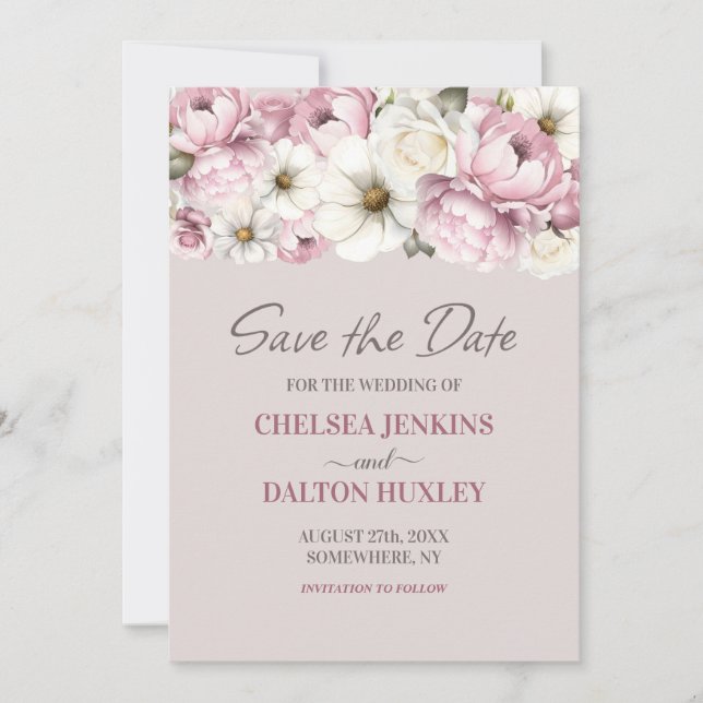 Convite de casamento floral rosa e branco para sal (Frente)