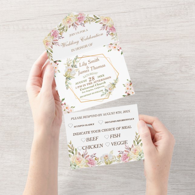 Convite de Casamento Floral Rosa e Branco Tudo em  (Aba destacável)