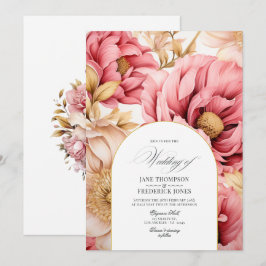 Convite de Casamento Floral Rosa e Dourado