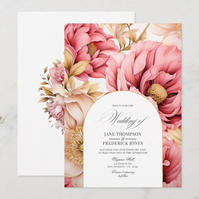 Convite de Casamento Floral Rosa e Dourado (Frente/Verso)