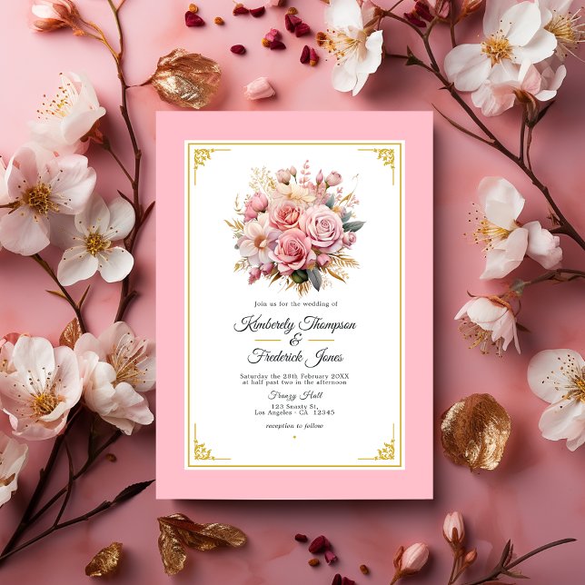Convite de Casamento Floral Rosa e Dourado (Pink and Gold Floral Wedding)