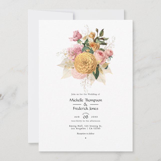 Convite de Casamento Floral Rosa e Dourado (Frente)