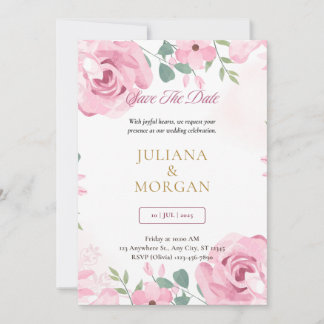 Convite de Casamento Floral Rosa e Dourado | E