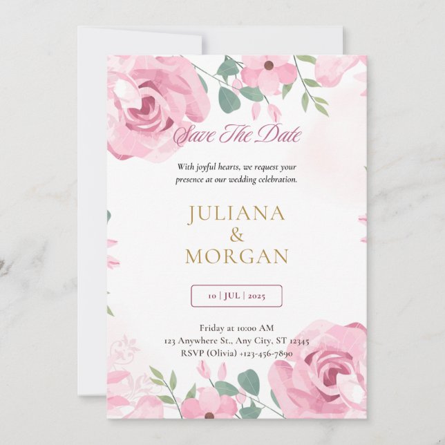 Convite de Casamento Floral Rosa e Dourado | E (Frente)