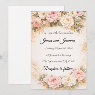 Convite de Casamento Floral Rosa e Dourado Elegant
