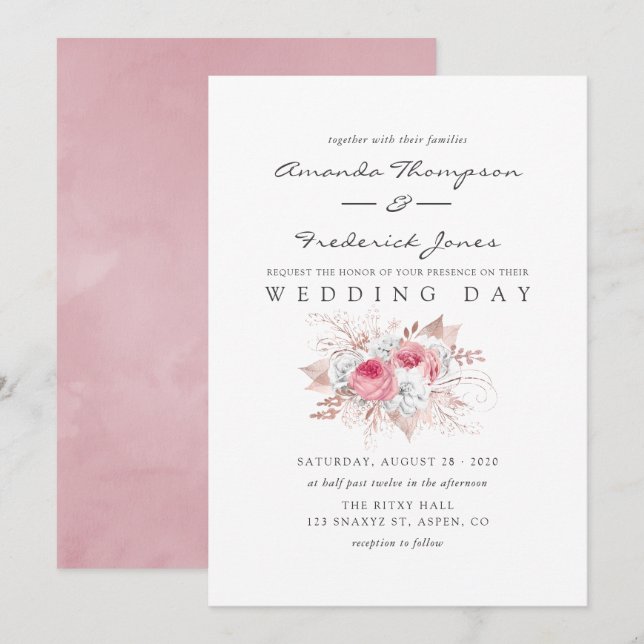 Convite de casamento floral rosa e dourado rose (Frente/Verso)