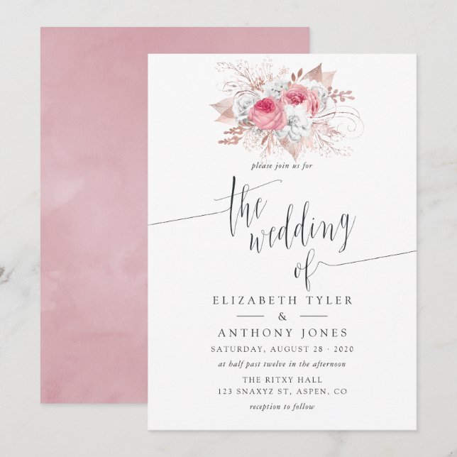 Convite de casamento floral rosa e dourado rose (Frente/Verso)