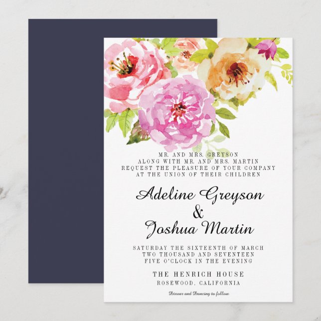 Convite De Casamento Floral | Rosa e Marinho (Frente/Verso)