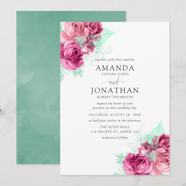 Convite de casamento floral rosa e menta (Frente/Verso)