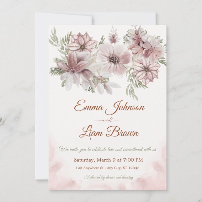 Convite de Casamento Floral Rosa e Pêssego (Frente)