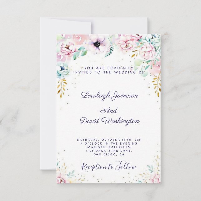Convite de casamento floral rosa e roxo bonito (Frente)