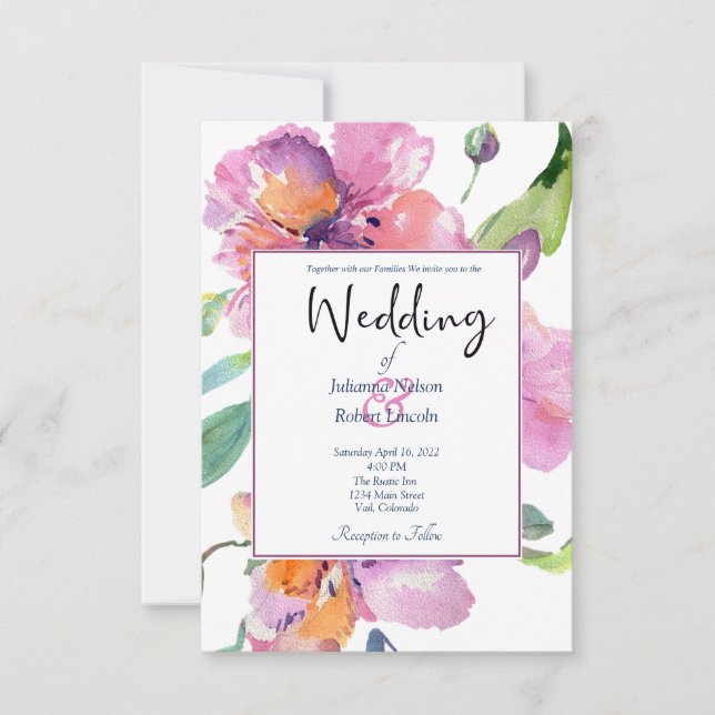 Convite de casamento floral rosa e roxo elegante (Frente)