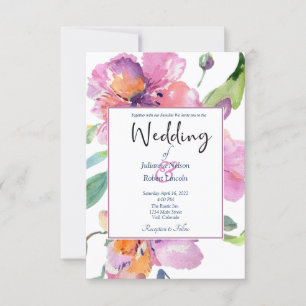 Convite de casamento floral rosa e roxo elegante