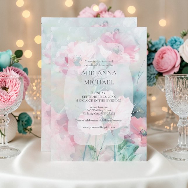 Convite de Casamento Floral Rosa e Turquesa de Pri (Criador carregado)