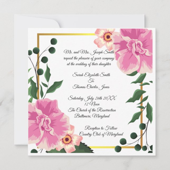 Convite de Casamento Floral Rosa e Verde Redação F (Frente)
