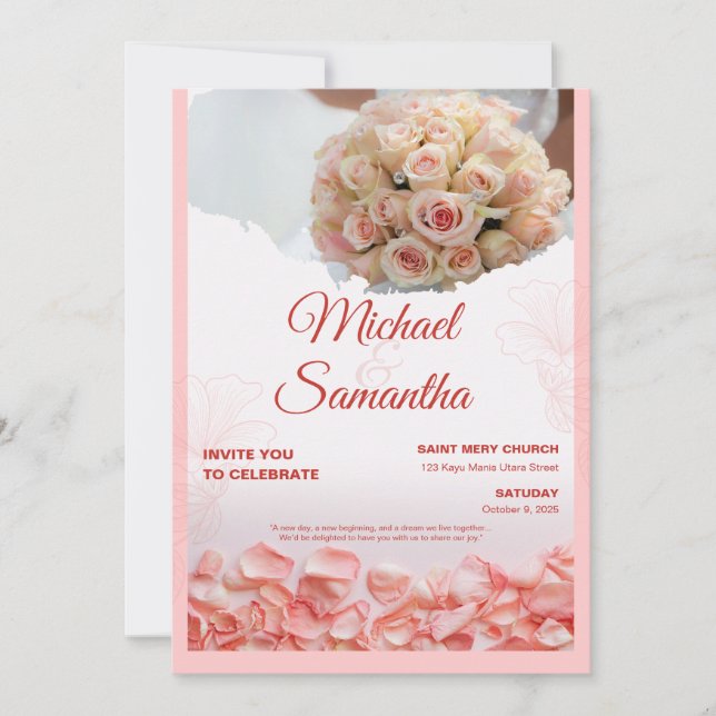 Convite de Casamento Floral Rosa Elegante (Frente)