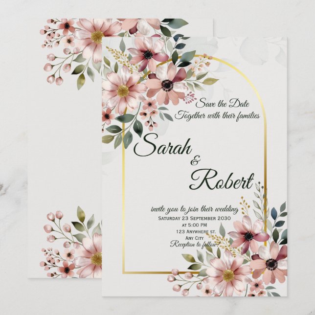 Convite de Casamento Floral Rosa Elegante (Frente/Verso)