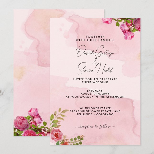 Convite de Casamento Floral Rosa Elegante (Frente/Verso)