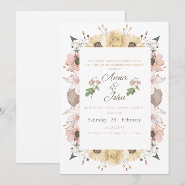 Convite de Casamento Floral Rosa Elegante (Frente/Verso)