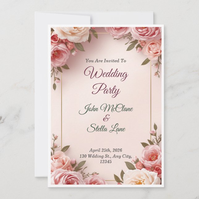 Convite de Casamento Floral Rosa Elegante (Frente)