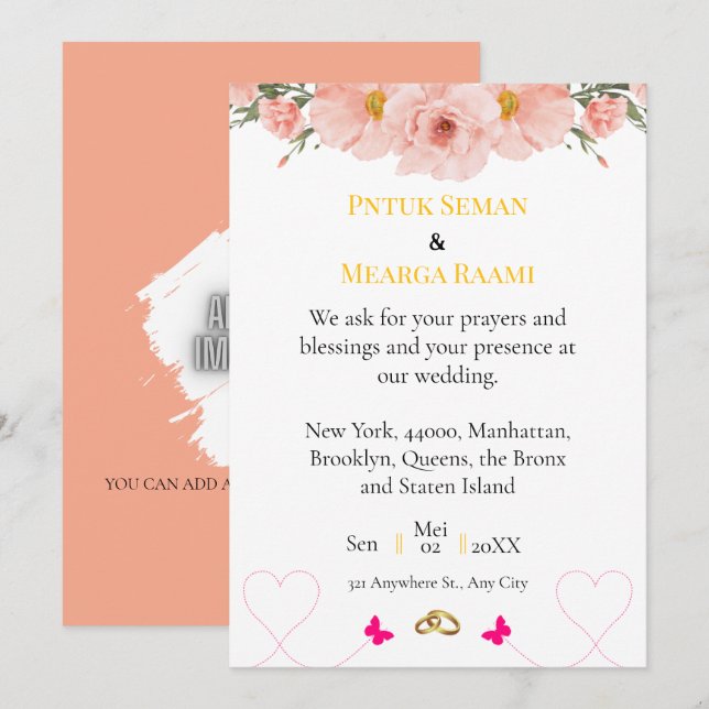 Convite de Casamento Floral Rosa Elegante com Dour (Frente/Verso)