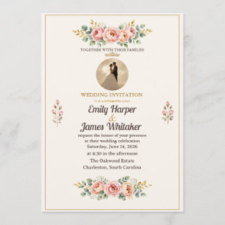 Convite de Casamento Floral Rosa Elegante com Foto
