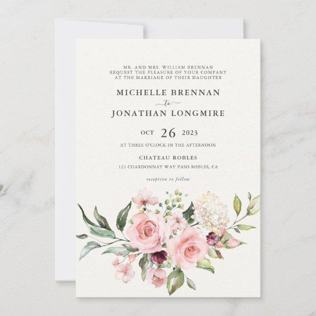 Convite de Casamento Floral Rosa Elegante - Creme (Frente)
